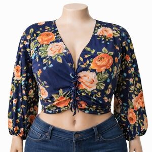 Monteau Plus Size 1X Cottagecore Floral Crop Top Blouse Coquette Lace Up Corset